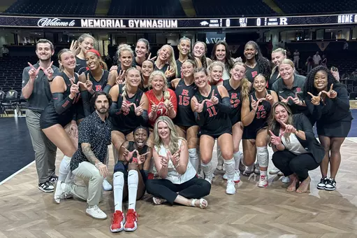 Rutgers volleyball celebrates its Allstate Big Ten/SEC Challenge win over Arkansas