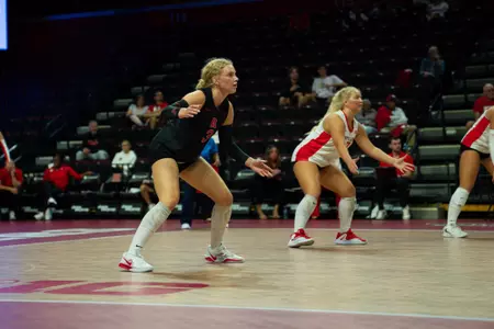 Sisters Kenzie Dyrstad & Kami Dyrstad on the court in Rutgers' 2026 home opener vs LIU at Jersey Mike's Arena