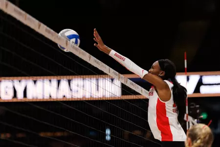 Imani Howell on the block against Vanderbilt during the Big Ten/SEC Challenge at Memorial Gymnasium