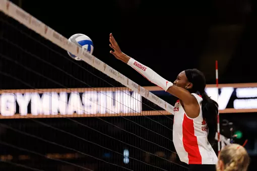 Imani Howell on the block against Vanderbilt during the Big Ten/SEC Challenge at Memorial Gymnasium