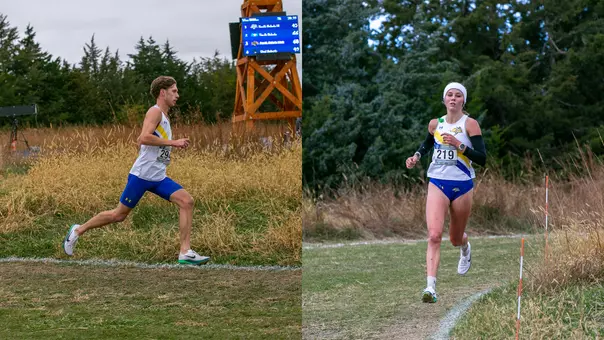 A male and female cross country runners compete at conference meet