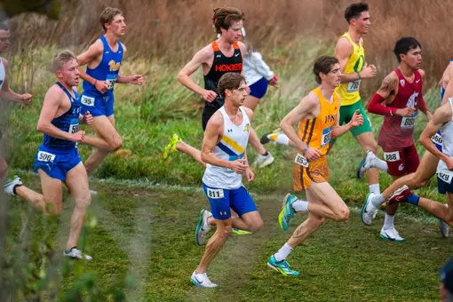 Several male cross country runners competing at the NCAA National meet