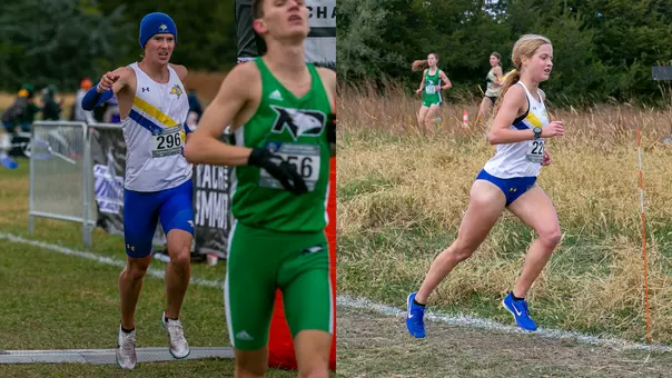 Two photos of cross country athletes, one male, one female, running at a race