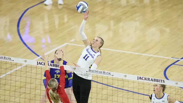 Sydni Schetnan attacks a ball at the net during a volleyball match