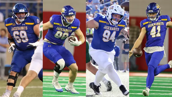 2025 AP FCS All-Americans — Action photo collage of Quinten Christensen (offensive line), Greyton Gannon (tight end), Kobe Clayborne (defensive line) and Max Pelham (punter)