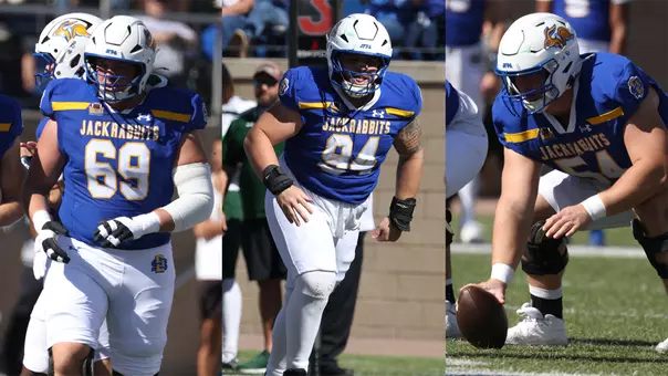 Collage of photos depicting members of FCS All-America football teams selected by Stats Perform (Quinten Christensen-offensive line; Kobe Clayborne-defensive line; Shane Willenbring-offensive line on all-freshman team)