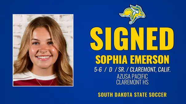A graphic that contains text which includes the name Sophia Emerson who signed with Jackrabbit Soccer. Graphic includes a photo of a woman in a soccer jersey.