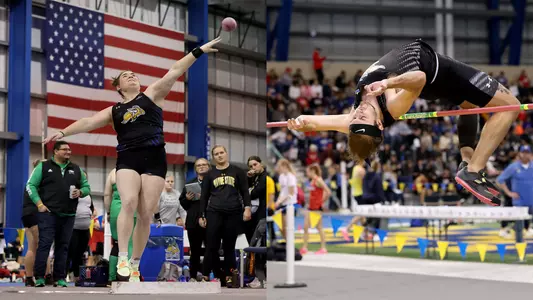 A woman throws a shot put in front of an American flag on one side of the photo, while a man clears a high jump bar on the right side of the photo