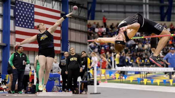 A woman throws a shot put in front of an American flag on one side of the photo, while a man clears a high jump bar on the right side of the photo