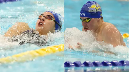 Teaser photo featuring both a women's swimmer and men's swimmer from South Dakota State from a home meet early in the 2025-26 season.