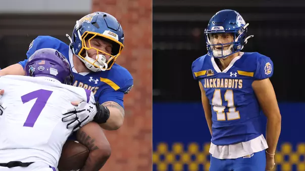 2025 Football Academic All-Americans teaser photo featuring Kobe Clayborne (left) and Max Pelham