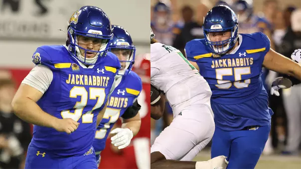 Teaser photo of 2025 Football Championship Subdivision Athletic Directors Association Academic All-Star Team honorees Kaydon Olivia (left) and Aaron Wolfcale-Holsten (right) of South Dakota State