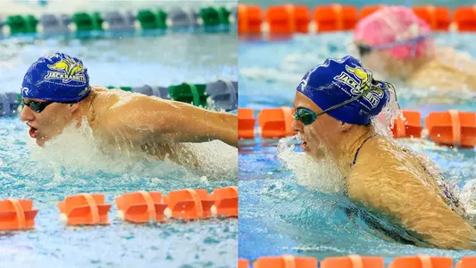 A side-by-side action photo of two South Dakota State swimmers competing in a breaststroke race.
