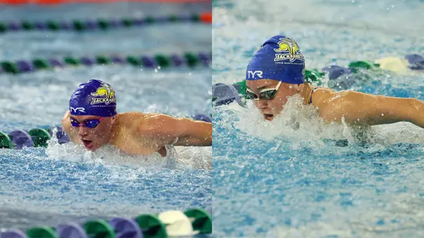 SDSU swimmers on two sides of a photo