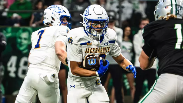 South Dakota State football teaser photo of running back James Basinger carrying the ball in action at North Dakota on Oct. 17, 2026, at the Alerus Center in Grand Forks, North Dakota.
