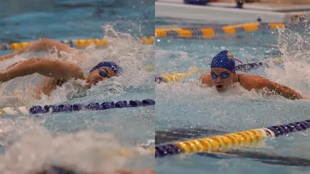 Side-by-side images of SDSU swimming student-athletes competing in a pool