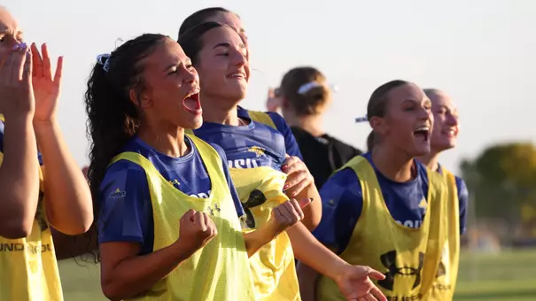 A group of women on the sidelines of a soccer field with pennies over their jerseys cheer on teammates in celebration