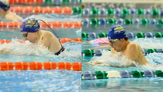 A side-by-side action photo collage shows two South Dakota State swimmers competing in breaststroke events.