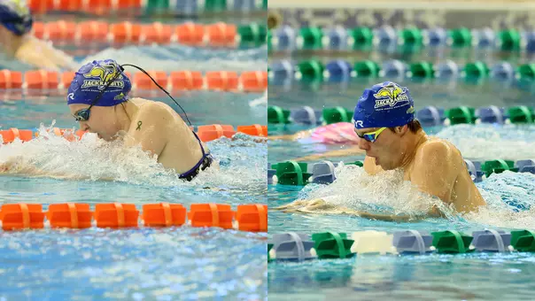 A side-by-side action photo collage shows two South Dakota State swimmers competing in breaststroke events.