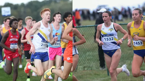 Side-by-side image of South Dakota State cross country athletes with white uniforms running in a race.