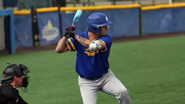 South Dakota State baseball player Luke Wroblewski gets ready to swing in exhibition action during the fall of 2025.