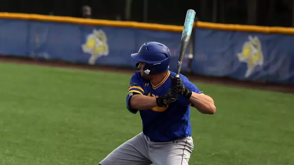 Dayton Franke eyes a pitch during exhibition action in the fall of 2025 at Erv Huether Field in Brookings, South Dakota.