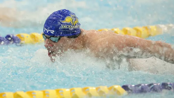 South Dakota State swimmer Cody Vertin swims butterfly during action Oct. 10, 2025, versus Augustana.