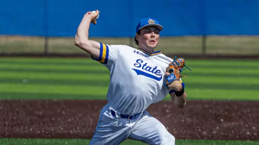 South Dakota State right-handed pitcher Sam Schlecht fires a pitch home during home baseball action during the 2025 season.