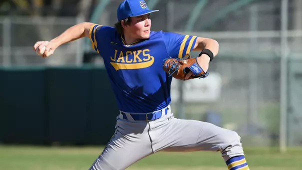 Sam Schlecht fires a pitch home in a game at Sacramento State during the 2025 season.