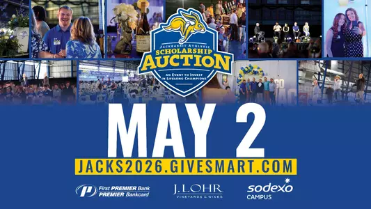 Graphic promoting the Jackrabbit Athletic Scholarship Auction on May 2. The center features the event logo above large white text reading ‘May 2’ and a yellow banner with the link Jacks2026.GiveSmart.com. Surrounding photos show guests, auction items, balloons, and speakers on stage. Sponsor logos for First PREMIER Bank, J. Lohr Vineyards & Wines, and Sodexo Campus appear at the bottom.