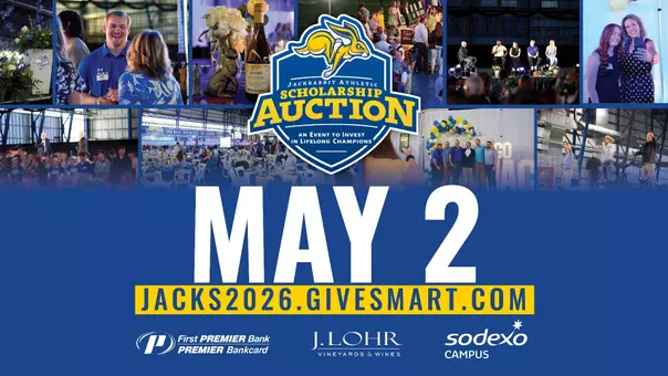 Graphic promoting the Jackrabbit Athletic Scholarship Auction on May 2. The center features the event logo above large white text reading ‘May 2’ and a yellow banner with the link Jacks2026.GiveSmart.com. Surrounding photos show guests, auction items, balloons, and speakers on stage. Sponsor logos for First PREMIER Bank, J. Lohr Vineyards & Wines, and Sodexo Campus appear at the bottom.
