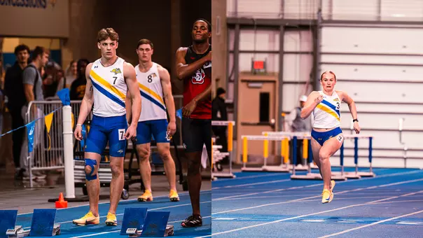 The photo is split into two photos. On the right is a male athlete preparing to step into starting blocks on the track. The photo on the left depicts a female runner sprinting down the main stretch