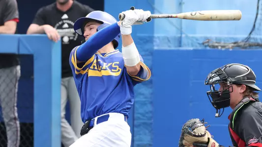 South Dakota State baseball player Nic Werk swings at a pitch in action against Omaha during the 2025 season.