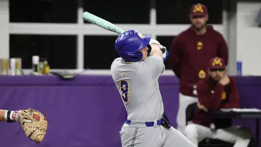 Luke Luskey takes a swing at a pitch in action against Minnesota on March 7, 2026, at the Cambria Classic in Minneapolis, Minnesota.
