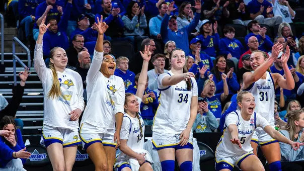 Players on the bench during a basketball game stand and celebrate action on the court