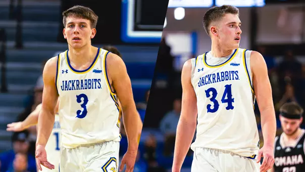 Two images placed side by side of men's basketball players in white uniforms. Joe Sayler is on the left and Damon Wilkinson on the right.