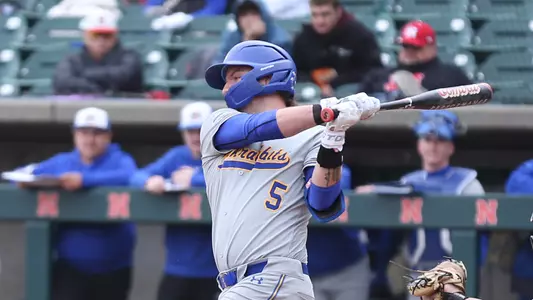 South Dakota State outfielder Luke Wroblewski swings at a pitch in action during a March 4, 2026, game at Nebraska.
