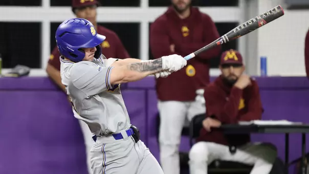 South Dakota State freshman outfielder Carter Taylor swings at a pitch in action against Minnesota at the Cambria Classic played at U.S. Bank Stadium in Minneapolis, Minnesota, on March 7, 2026.