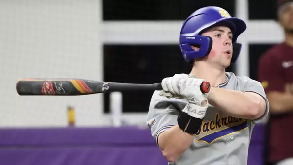 South Dakota State baseball player Owen Siegert takes a left-handed swing at a pitch during action earlier in the 2026 season.