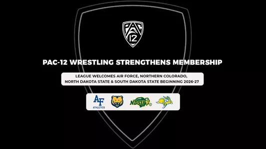A black graphic with a PAC-12 shield logo at the top and bold white text reading “PAC-12 Wrestling Strengthens Membership.” Below, a white box announces that Air Force, Northern Colorado, North Dakota State, and South Dakota State will join beginning in 2026–27. Logos for the four schools appear along the bottom.
