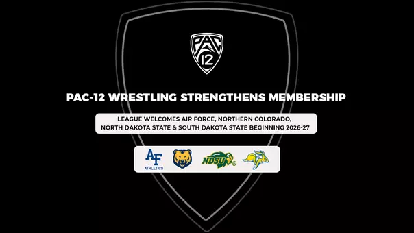 A black graphic with a PAC-12 shield logo at the top and bold white text reading “PAC-12 Wrestling Strengthens Membership.” Below, a white box announces that Air Force, Northern Colorado, North Dakota State, and South Dakota State will join beginning in 2026–27. Logos for the four schools appear along the bottom.