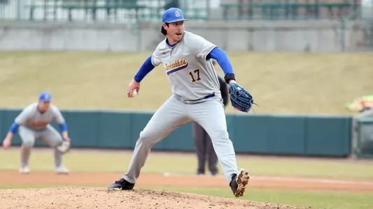 South Dakota State pitcher Jacob Sjuts fires a pitch home in action March 4, 2026, at Nebraska. Sjuts pitched two shutout innings, allowing only one hit.