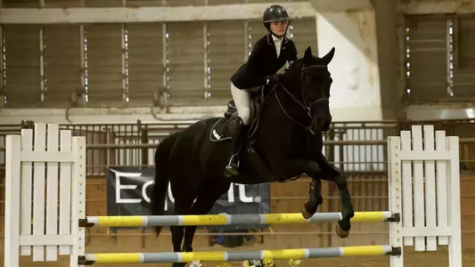 South Dakota State equestrian student-athlete Heidi White competes in the fences event during competition against Delaware State on Feb. 7, 2026, at the DeHaan Equestrian Center in Brookings, South Dakota.