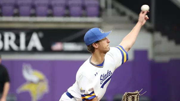 South Dakota State left-handed reliever Tristan Augedahl delivers a pitch home in action against Northwestern (Ill.) on March 6, 2026, at the Cambria Classic played at U.S. Bank Stadium in Minneapolis, Minnesota.