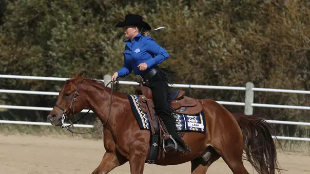 South Dakota State equestrian student-athlete Maryn Mead competes in the reining event during home action in October 2025.