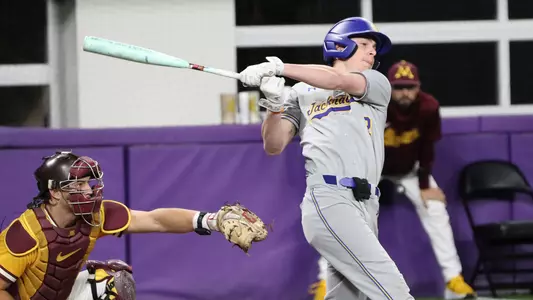 South Dakota State baseball player Nolan Grawe takes a swing in action March 7, 2026, against Minnesota at the Cambria Classic played at U.S. Bank Stadium in Minneapolis, Minnesota.