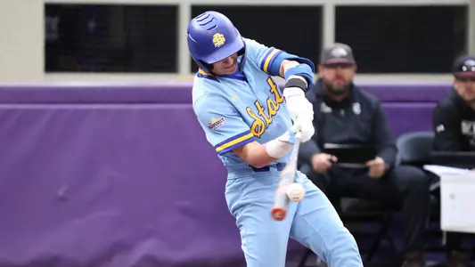 South Dakota State baseball player Nic Werk makes solid contact on a swing during action against Southern Illinois on March 8, 2026, at the Cambria Classic in Minneapolis, Minnesota.