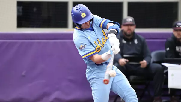South Dakota State baseball player Nic Werk makes solid contact on a swing during action against Southern Illinois on March 8, 2026, at the Cambria Classic in Minneapolis, Minnesota.