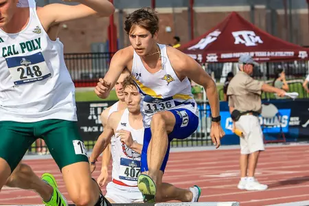 A male track athlete jumps up on a steeple barrior wearing a white jersey with blue bottoms