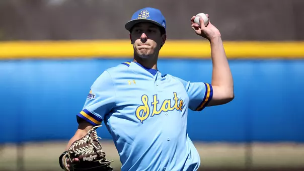 South Dakota State left-handed pitcher fires a pitch in action April 19, 2026, against Oral Roberts at Erv Huether Field in Brookings, South Dakota.